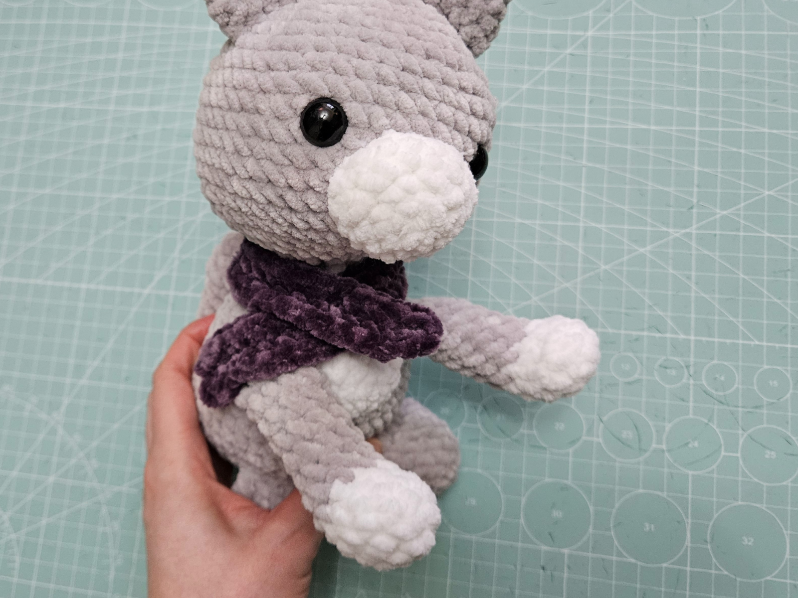 Blog content image for 'Free amigurumi crochet pattern for a small cat made with chenille yarn'