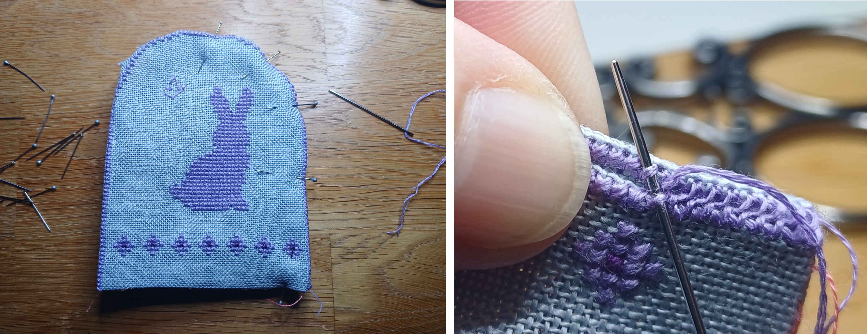 bestickte stoffteile an der kreuzstichnaht zusammen nähen