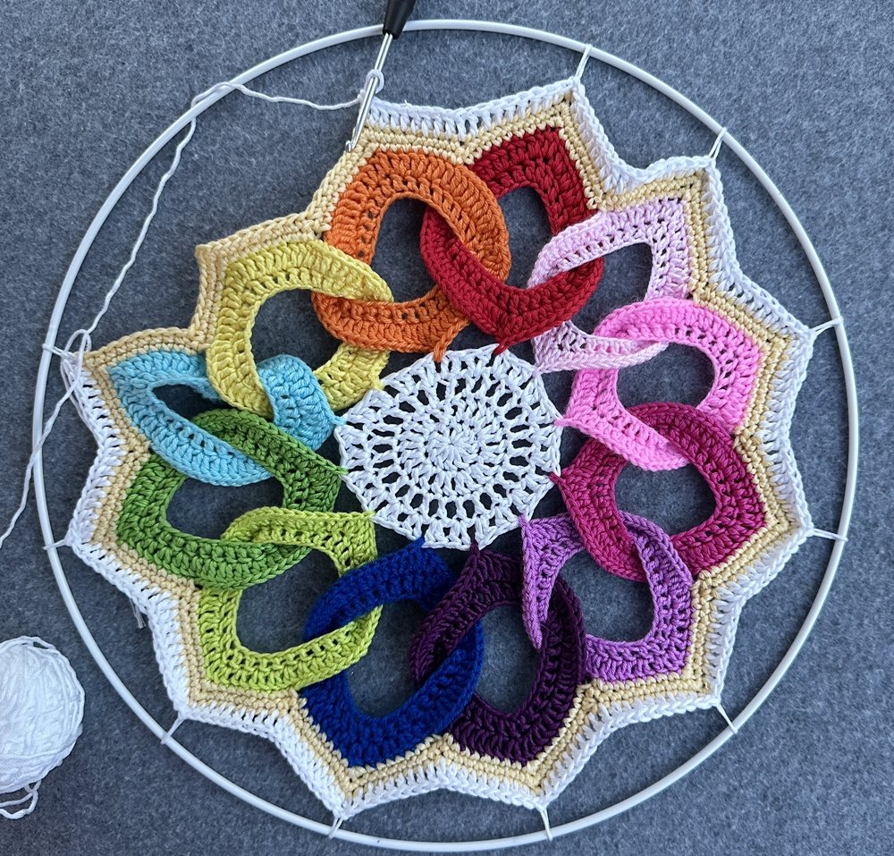 Blog-Inhaltsbild für 'Dekorativer Anhänger aus bunten Garnresten - Kostenlose Häkelanleitung'