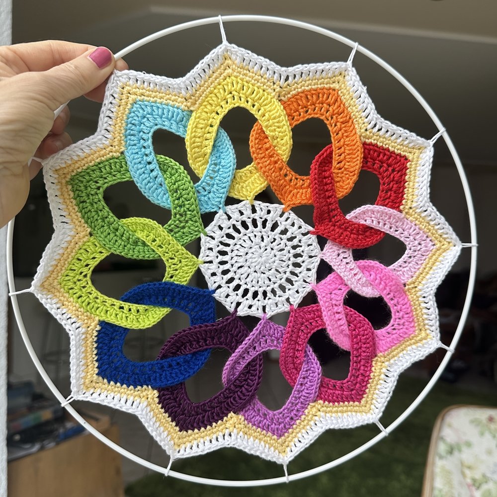 Blog-Inhaltsbild für 'Dekorativer Anhänger aus bunten Garnresten - Kostenlose Häkelanleitung'