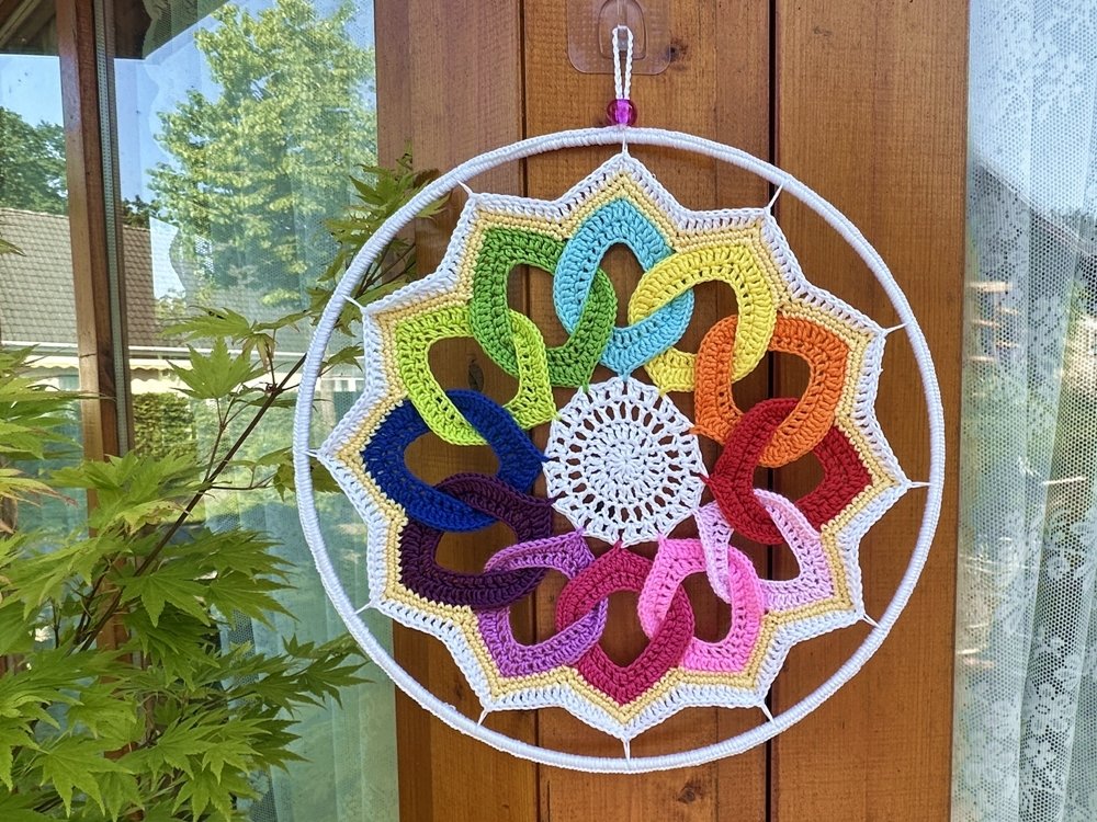 Blog-Inhaltsbild für 'Dekorativer Anhänger aus bunten Garnresten - Kostenlose Häkelanleitung'