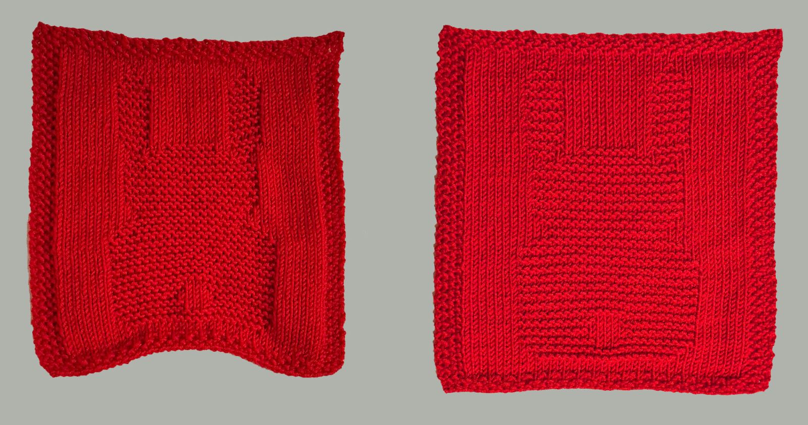 Ein gestricktes Quadrat ist einmal unbearbeitet und einmal nach dem Dämpfen zu sehen. Links noch krum und schief und rechts schön glatt und gerade.