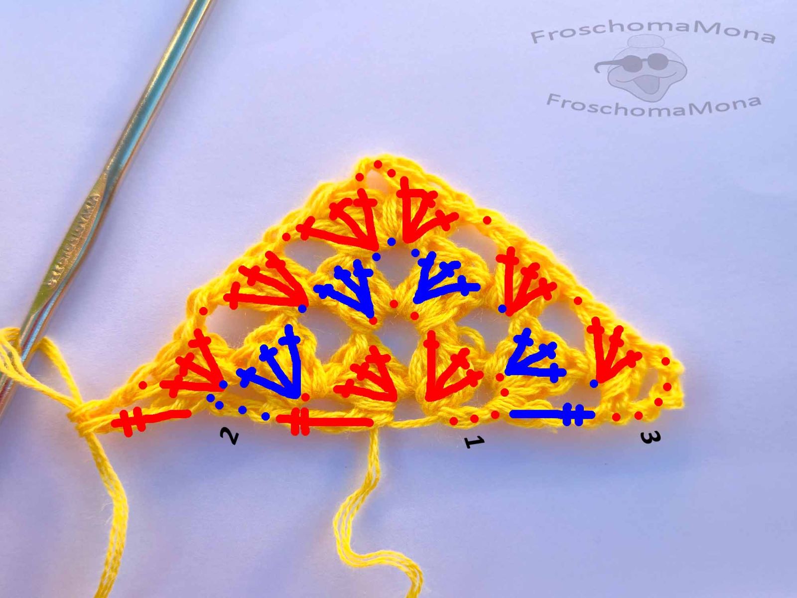 Gleichen Bild noch einmal, auch hier wurden die gehäkelten Maschen der Reihen 1 bis 3 handschriftlich eingetragen.