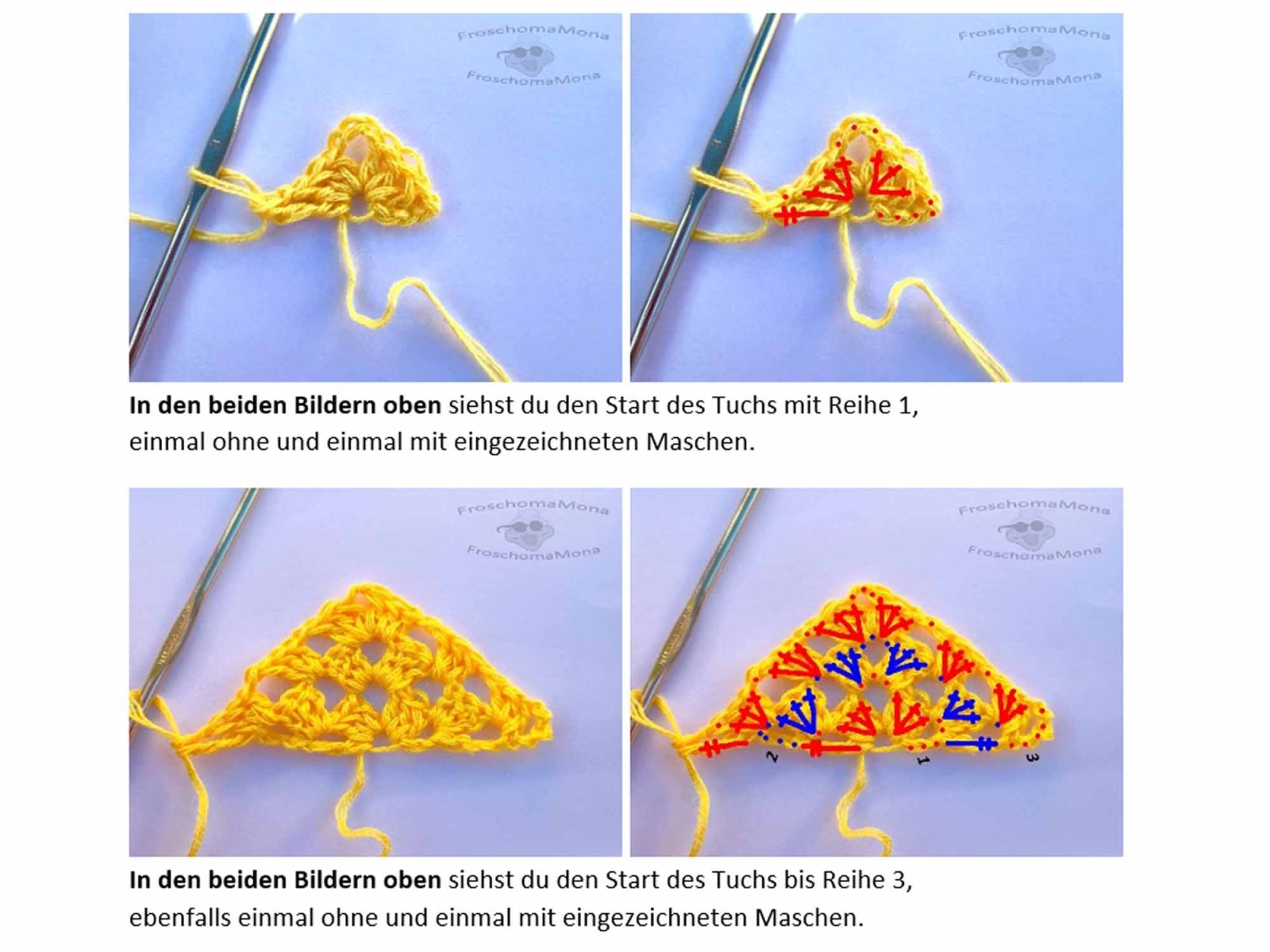 Das Bild zeigt den Anfang des Tuches mal mit und mal ohne eingezeichnete Häkelschrift.