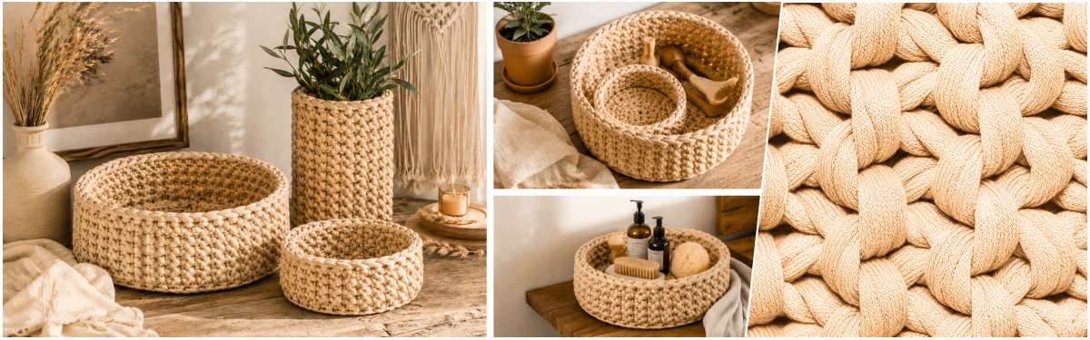 Blog-Inhaltsbild für 'TrendMaschen: Gestrickte & gehäkelte Körbe und Wohnaccessoires – warum sie plötzlich wieder modern wirken - inklusive Gratisanleitung'