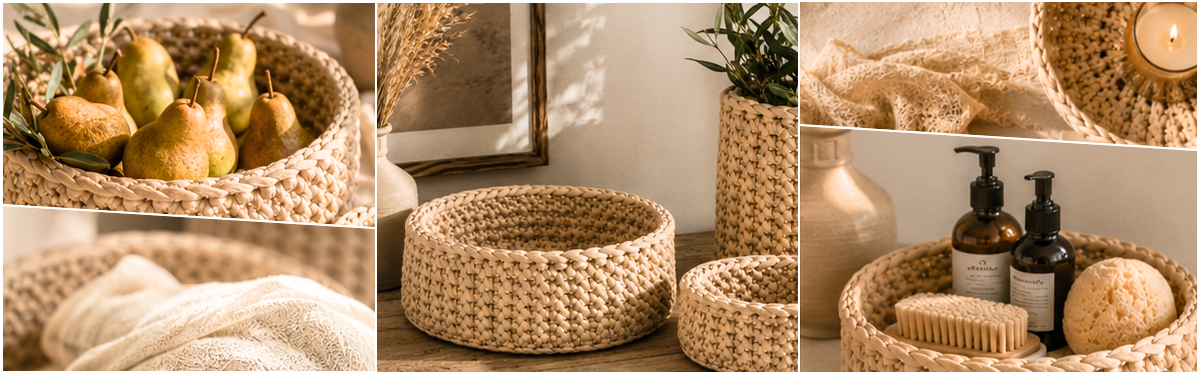 Blog-Inhaltsbild für 'TrendMaschen: Gestrickte & gehäkelte Körbe und Wohnaccessoires – warum sie plötzlich wieder modern wirken - inklusive Gratisanleitung'