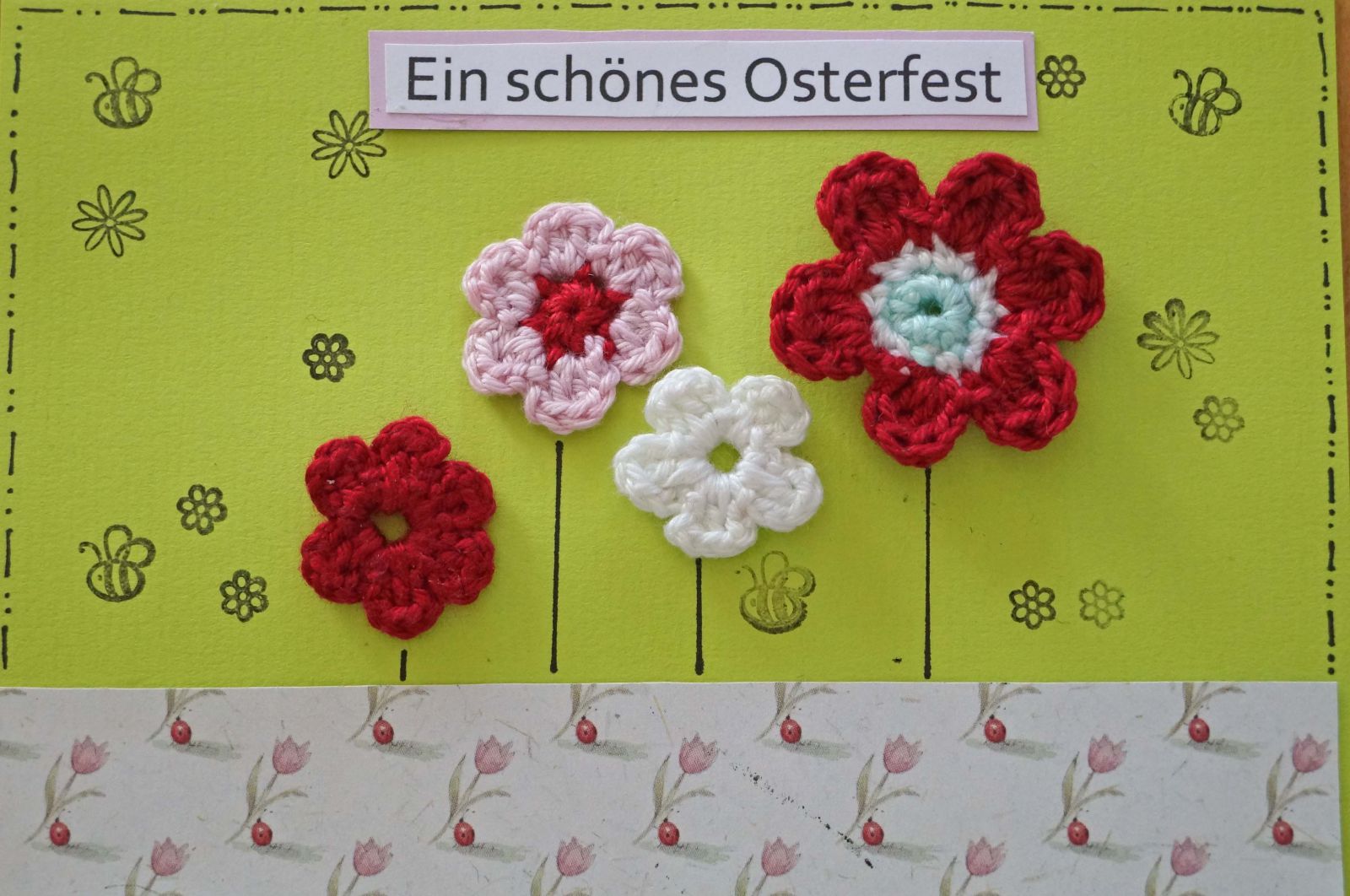 Blog-Inhaltsbild für 'Frühlingskarten und Osterkarten gestalten mit gehäkelten Blümchen'