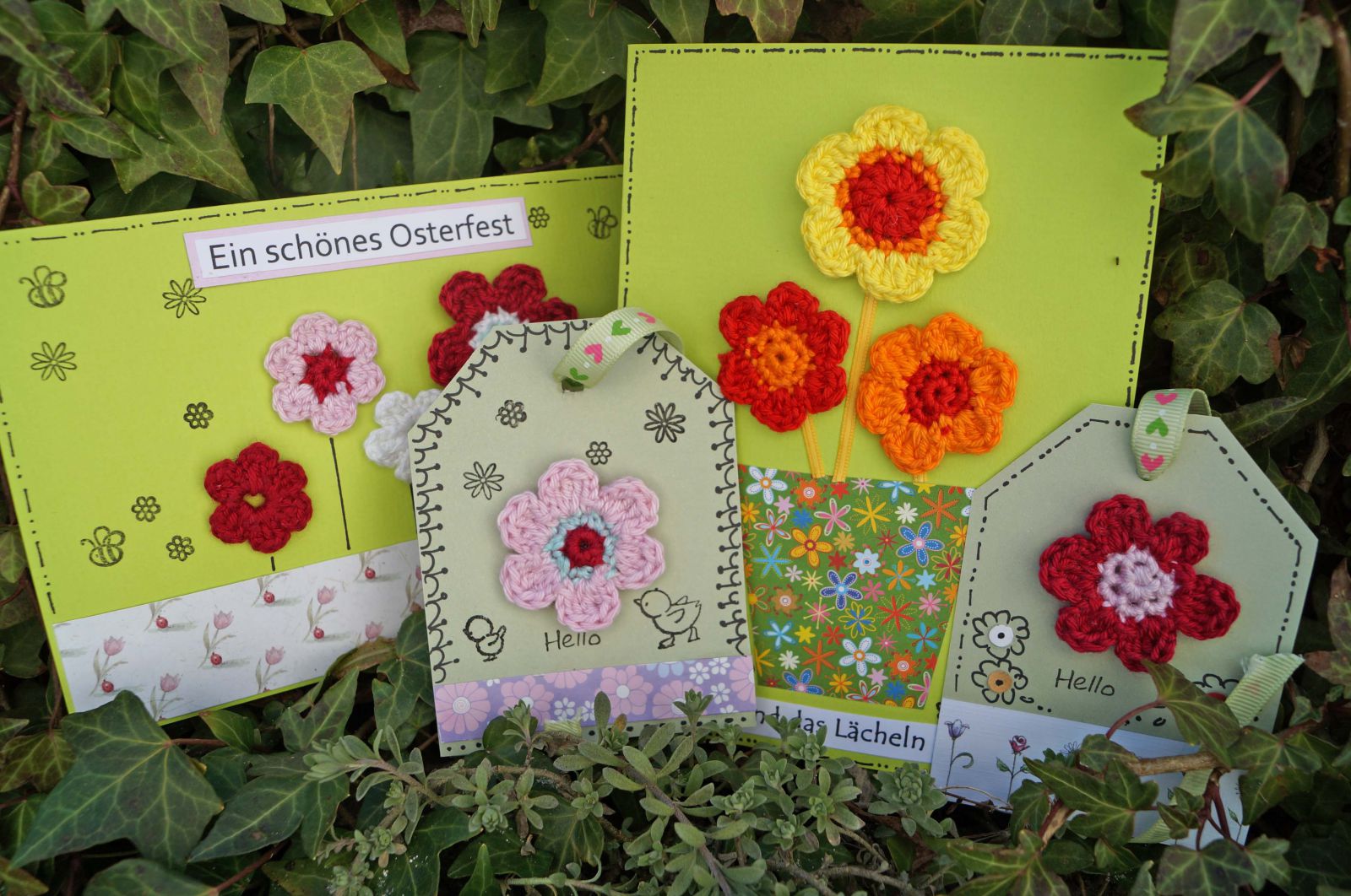 Blog-Inhaltsbild für 'Frühlingskarten und Osterkarten gestalten mit gehäkelten Blümchen'