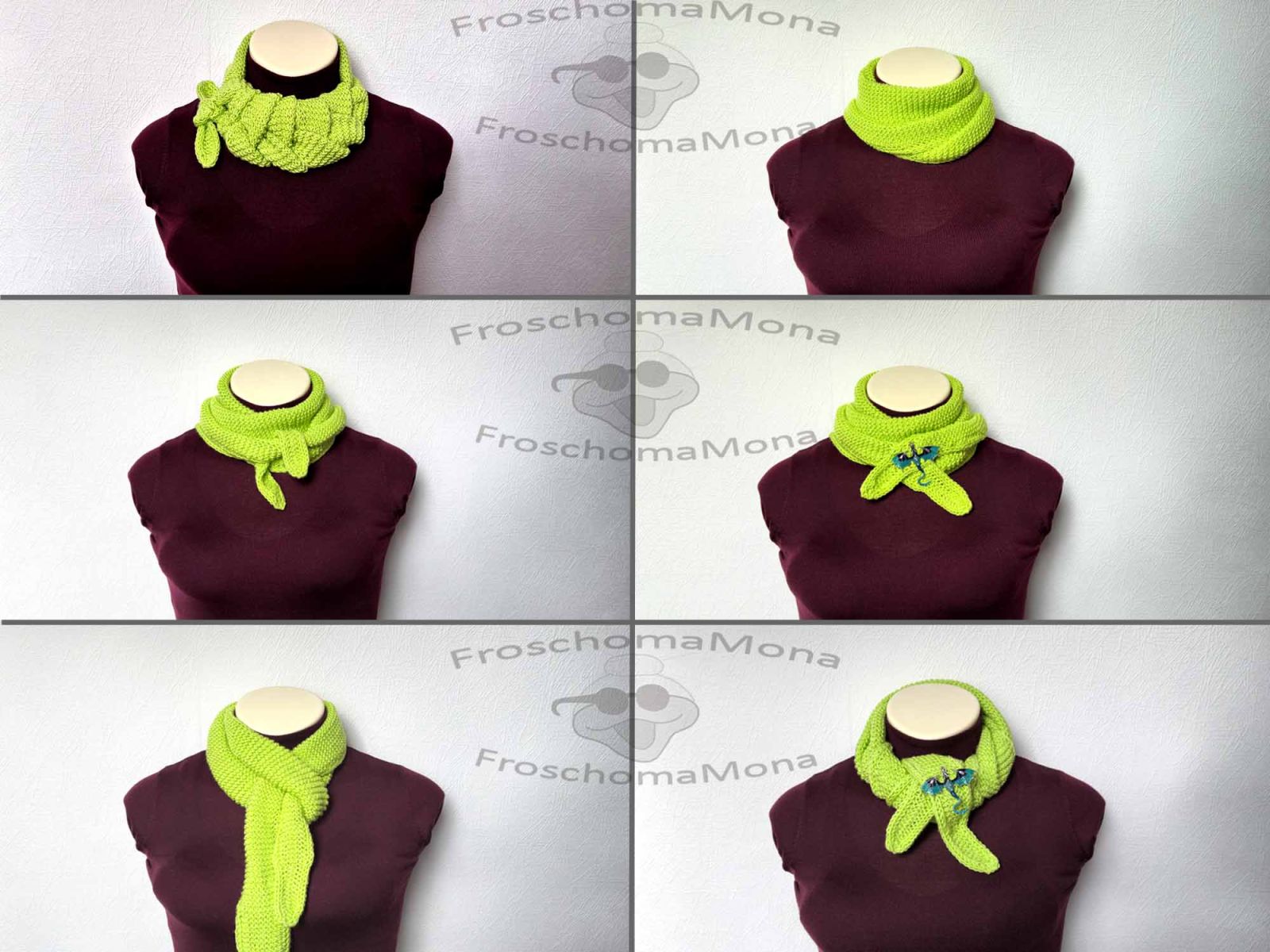 Das Bild zeigt die Brustpuppe 6 Mal mit dem grünen Tuch. Jedes Mal wurde das Tuch anders gebunden.