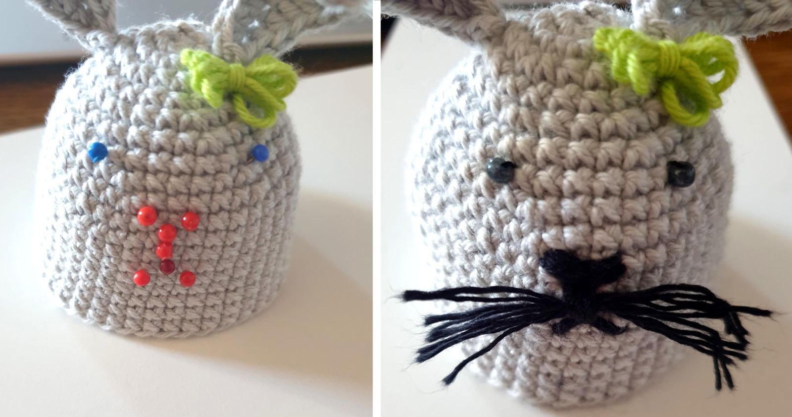 Links im Bild sind die Stellen der Augen und des Schnütchens mit Stecknadeln markiert. Rechts wurden 2 Perlen als Augen angenäht und das Schnütchen aufgestickt, sowie der Bart durchgezogen und ausgeformt.