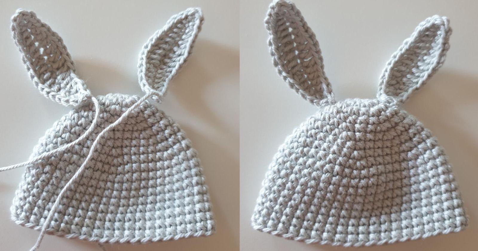 Die Ohren sind einmal angelegt am Häkelstück und einmal bereits angenäht.