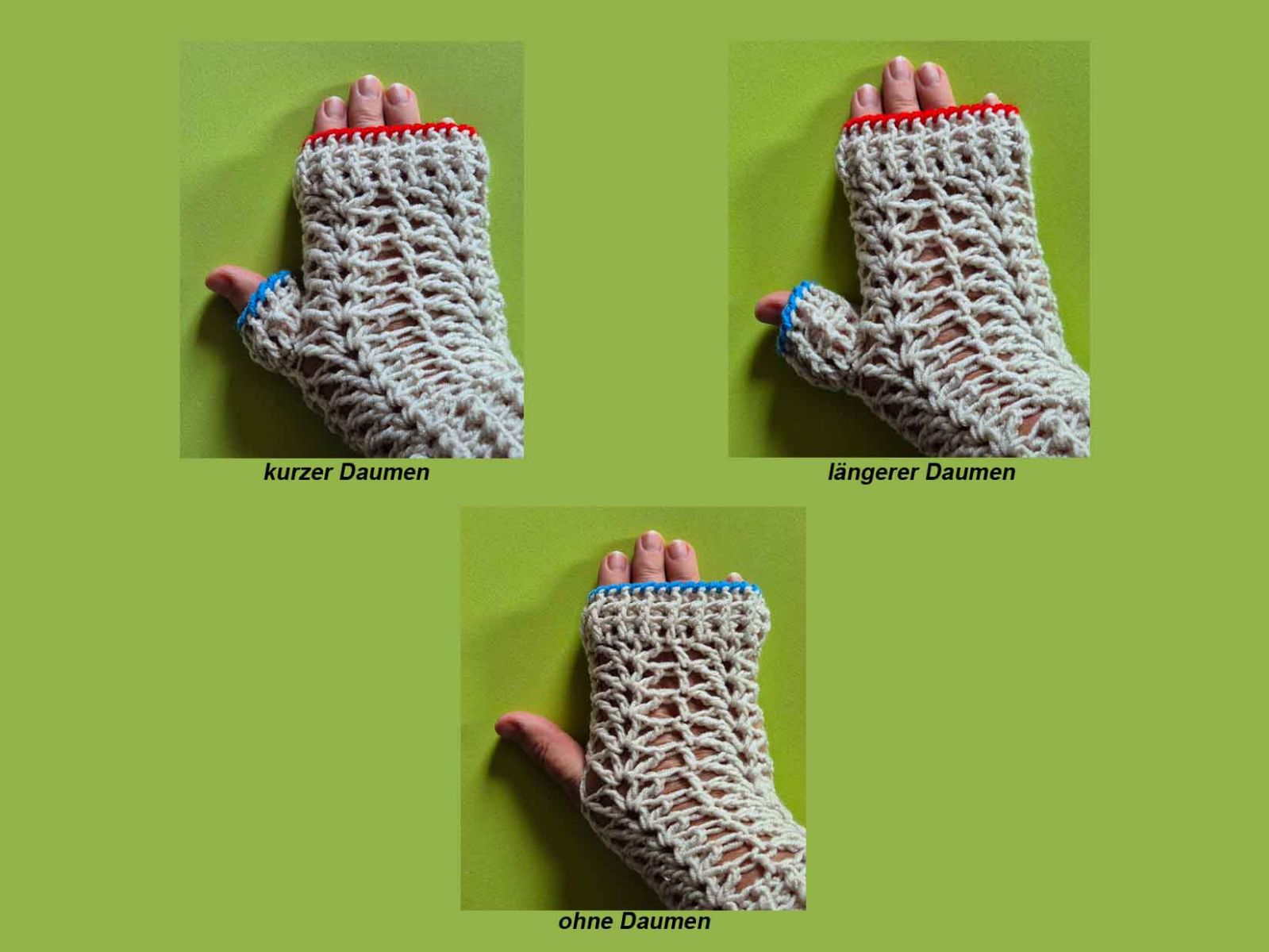 Handstulpen Vongole in 3 verschiedenen Daumenvarianten werden gezeigt.