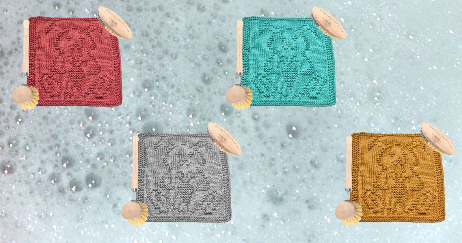 Motivtuch Hase Mampi in 4 verschiedenen Farben liegen auf einem Untergrund aus Schaum