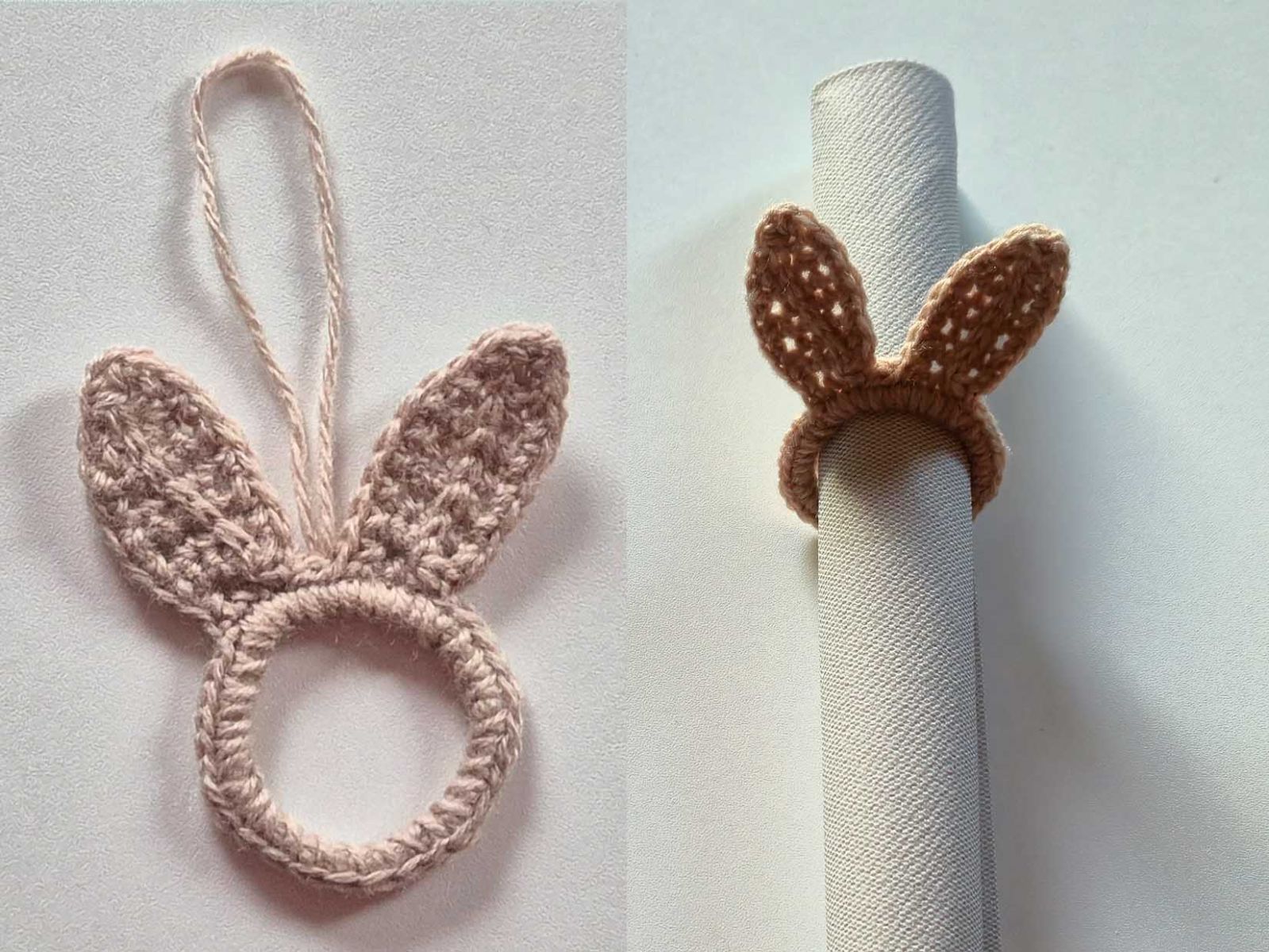 Ein beiger gehäkelter Ring mit Hasenohren als Anhänger oder als Serviettenring.