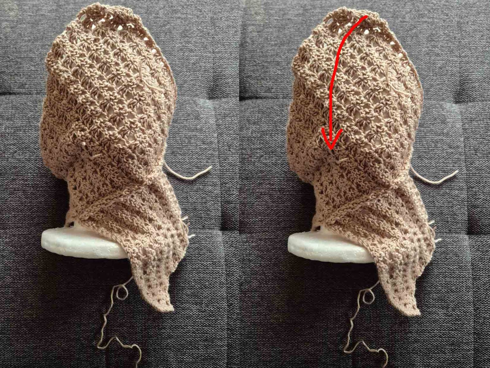 Der zusammengehäkelte Klappschal wurde einem Styropor-Kopf angezogen und es wird gezeigt, wie der Schal geklappt wird.