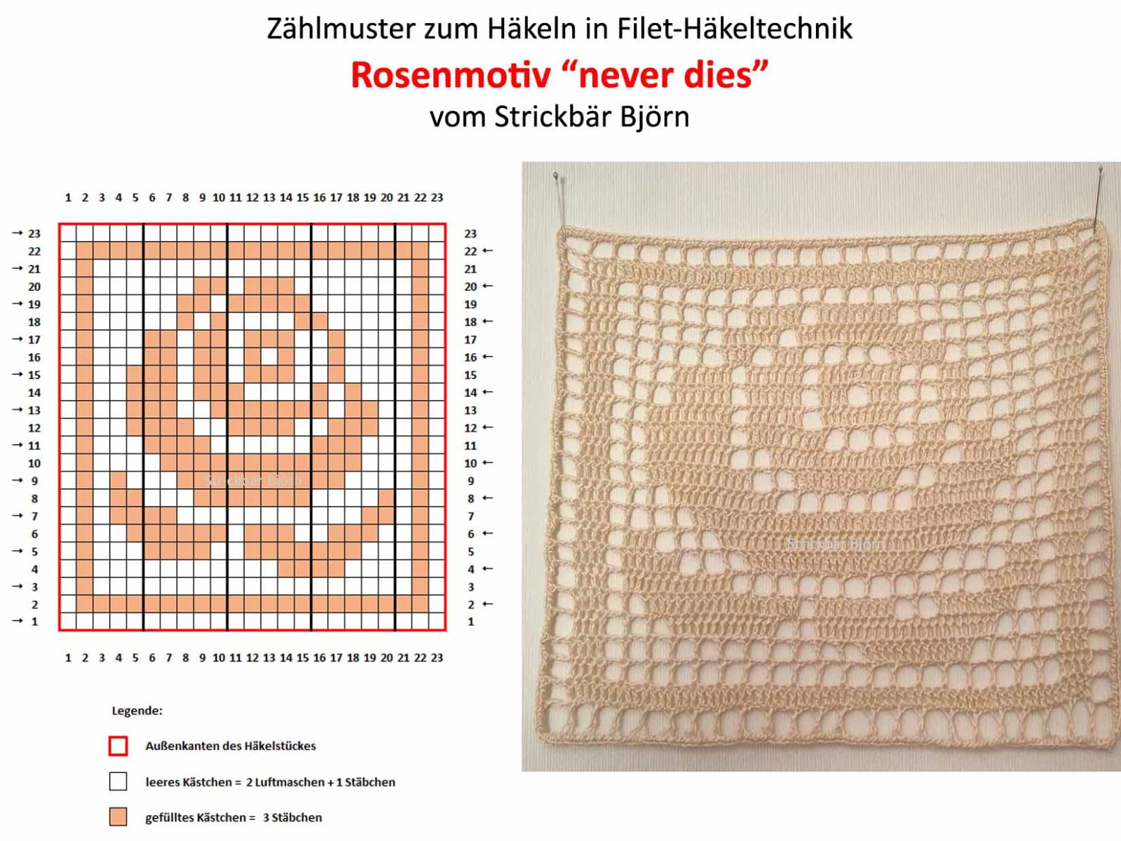 Das Bild zeigt das Häkelschema und das fertige Häkelstück in beige auf einem hellen Untergrund.