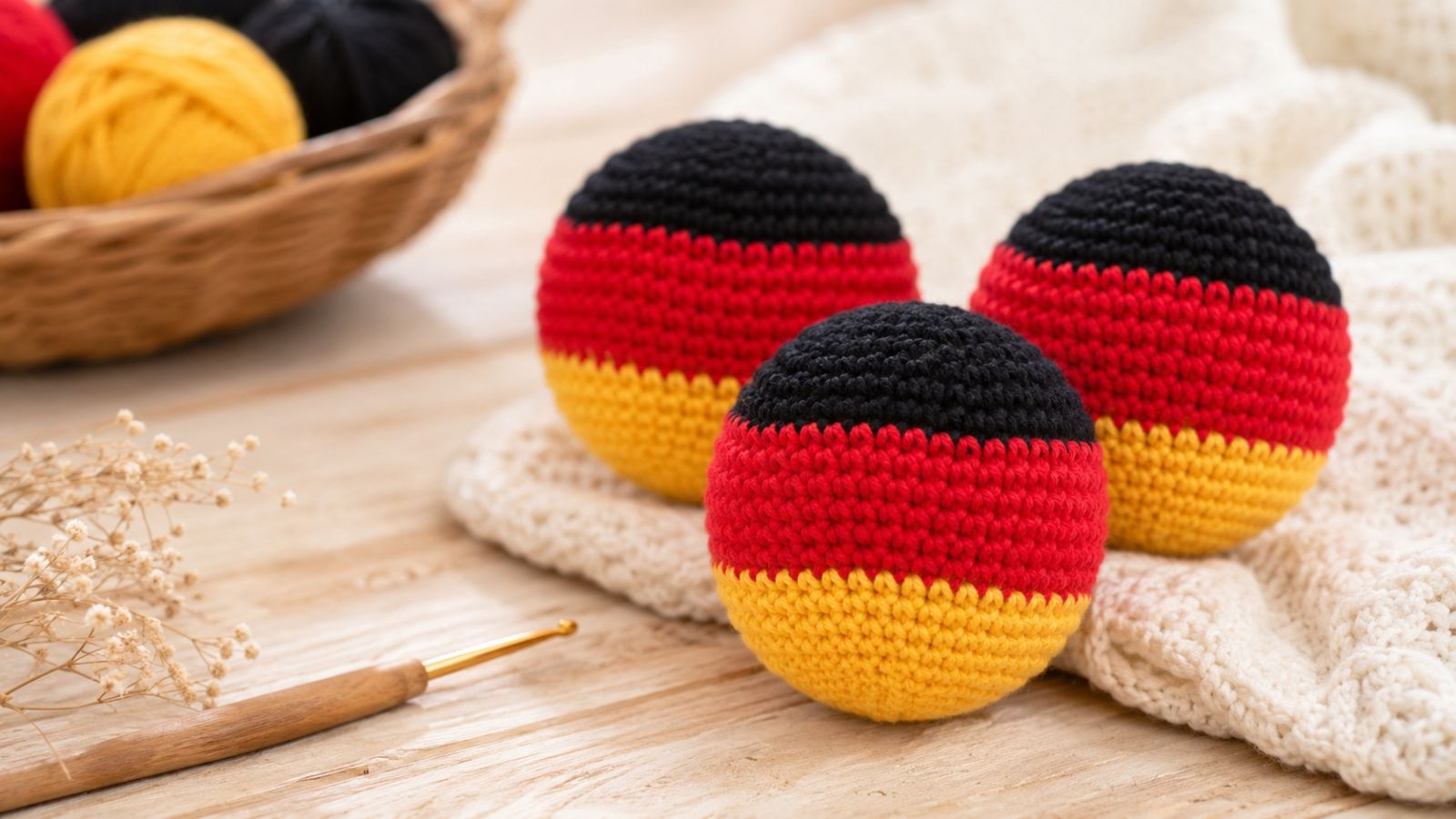 Blog-Inhaltsbild für 'Kleiner Häkelball in Deutschland-Farben - zum Knautschen, Spielen, Festhalten, Mitfiebern für die WM 2026'