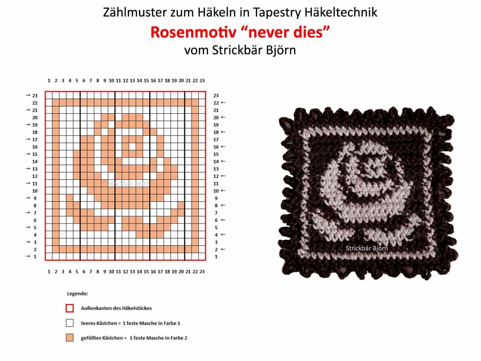 Das Bild enthält das Zählmuster und ein Foto der fertigen Rose in Tapestry-Technik.