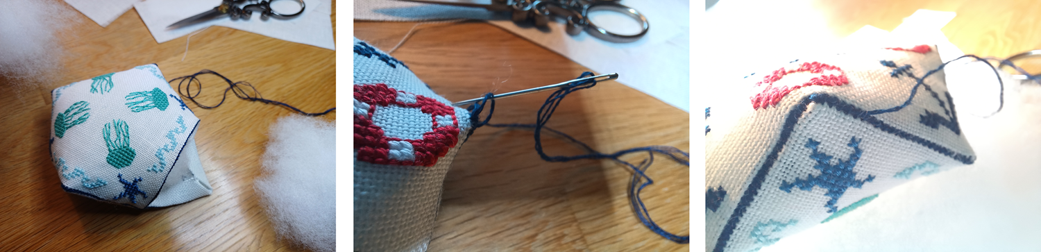 biscornu füllen und naht schließen