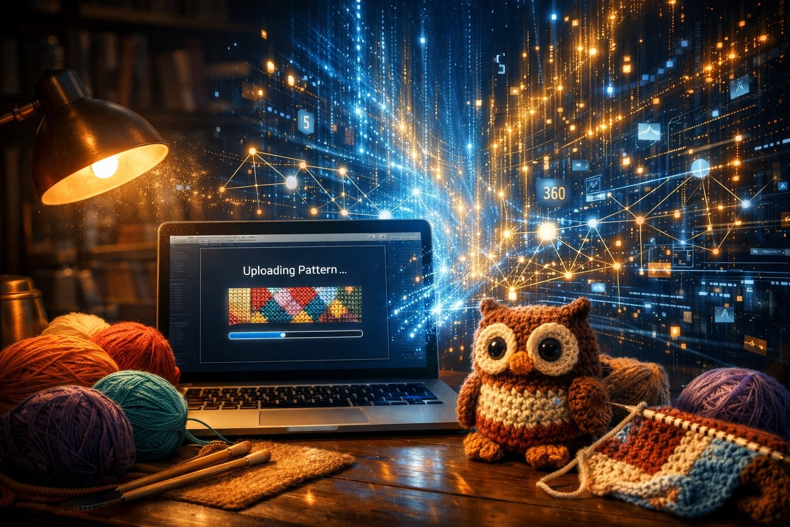 Nächtlicher Arbeitsplatz mit Laptop beim Muster-Upload, bunter Wolle, Stricknadeln und gehäkelter Eule; aus dem Bildschirm strömen leuchtende digitale Datenwelten in Blau und Gold.
