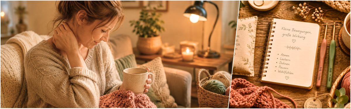Blog-Inhaltsbild für 'Maschen & Menschen: Handarbeit, Kaffee & Rückenschmerzen - warum unser Körper beim Stricken und Häkeln oft mitredet'
