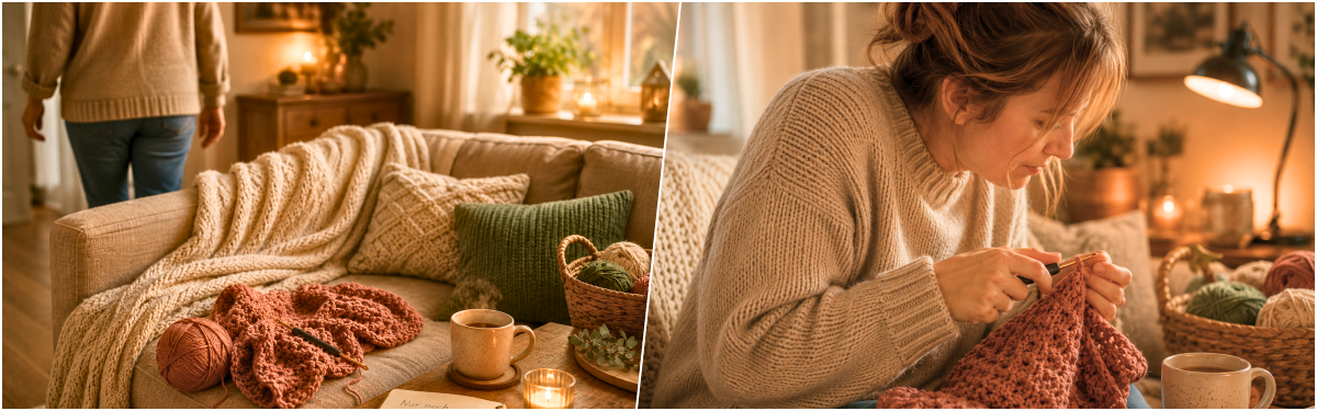 Blog-Inhaltsbild für 'Maschen & Menschen: Handarbeit, Kaffee & Rückenschmerzen - warum unser Körper beim Stricken und Häkeln oft mitredet'