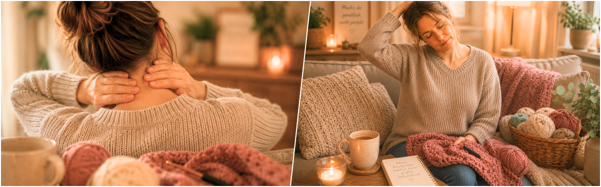 Blog-Inhaltsbild für 'Maschen & Menschen: Handarbeit, Kaffee & Rückenschmerzen - warum unser Körper beim Stricken und Häkeln oft mitredet'
