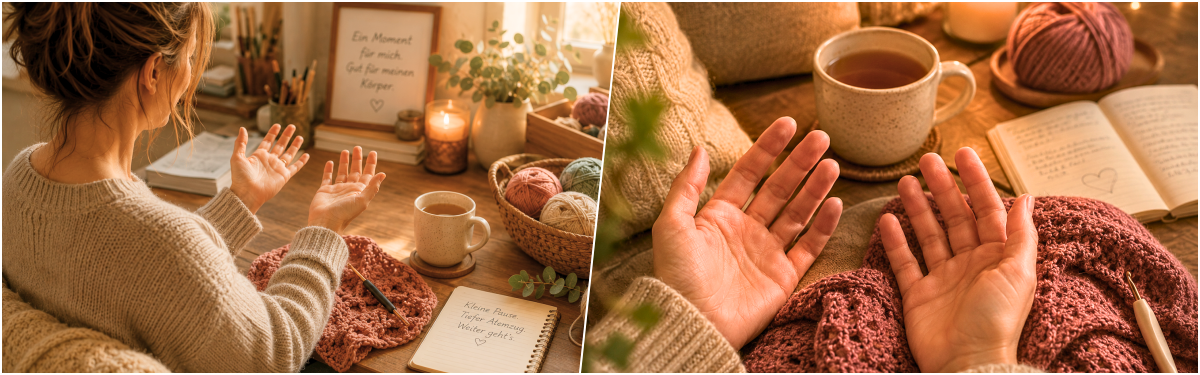 Blog-Inhaltsbild für 'Maschen & Menschen: Handarbeit, Kaffee & Rückenschmerzen - warum unser Körper beim Stricken und Häkeln oft mitredet'