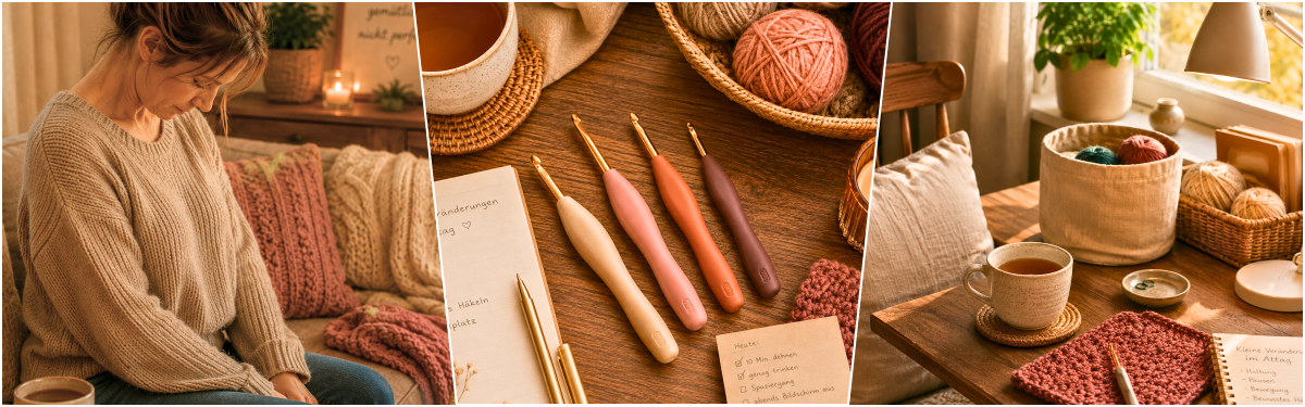 Blog-Inhaltsbild für 'Maschen & Menschen: Handarbeit, Kaffee & Rückenschmerzen - warum unser Körper beim Stricken und Häkeln oft mitredet'