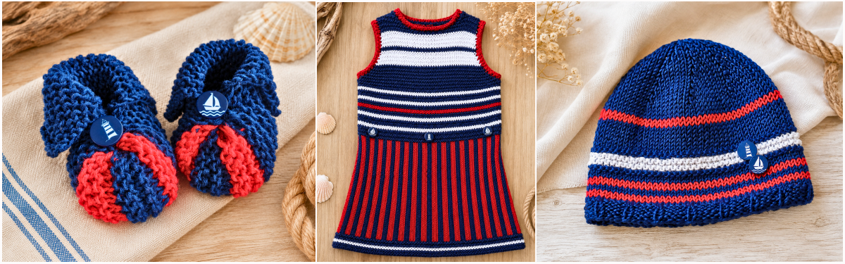 Blog-Inhaltsbild für '#GratisMaschen: Maritimes Babyset stricken – 3 kostenlose Anleitungen für Kleid, Mütze & Schühchen'