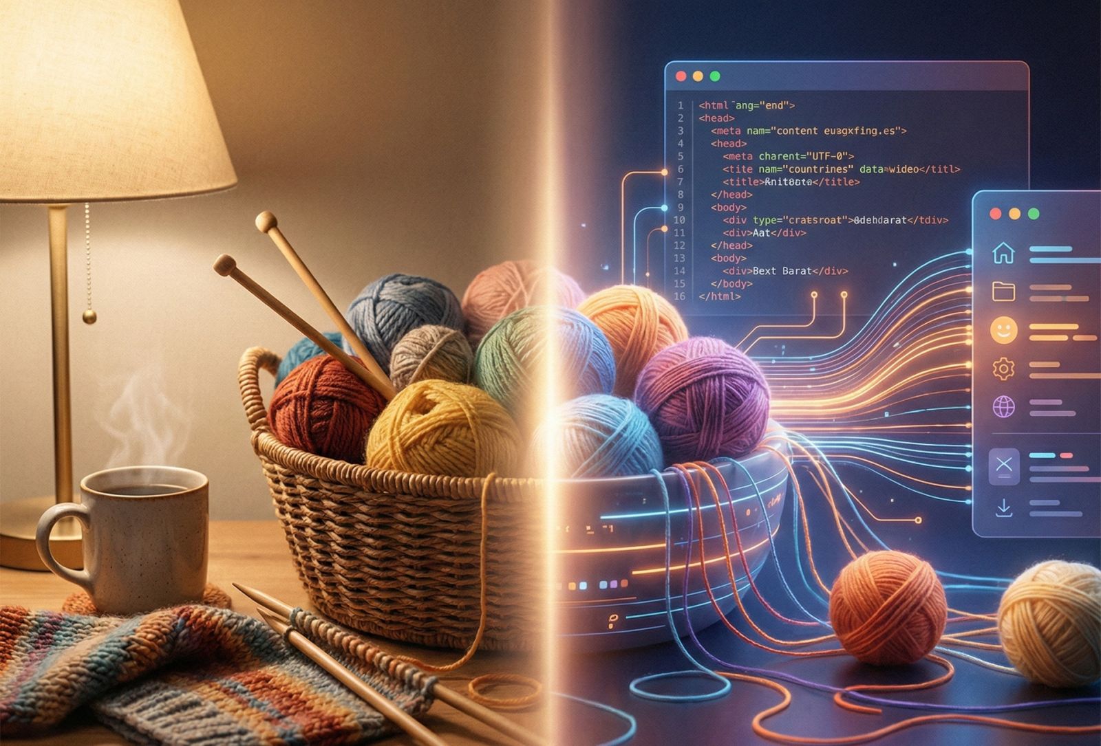 Split-Screen: Links gemütliche bunte Wollknäuel und Stricknadeln, die nach rechts in abstrakte, leuchtende digitale Datenströme übergehen – Symbol für die Technik hinter der Handarbeit.