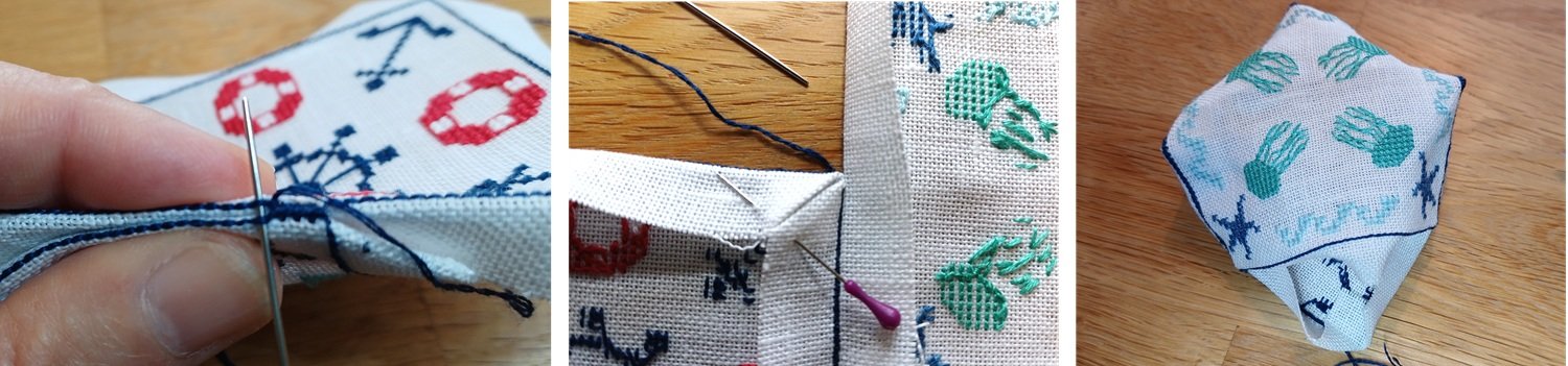 biscornu sewing at the corner