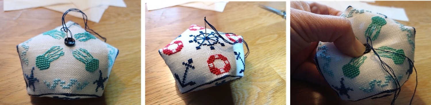 finishing the biscornu with button