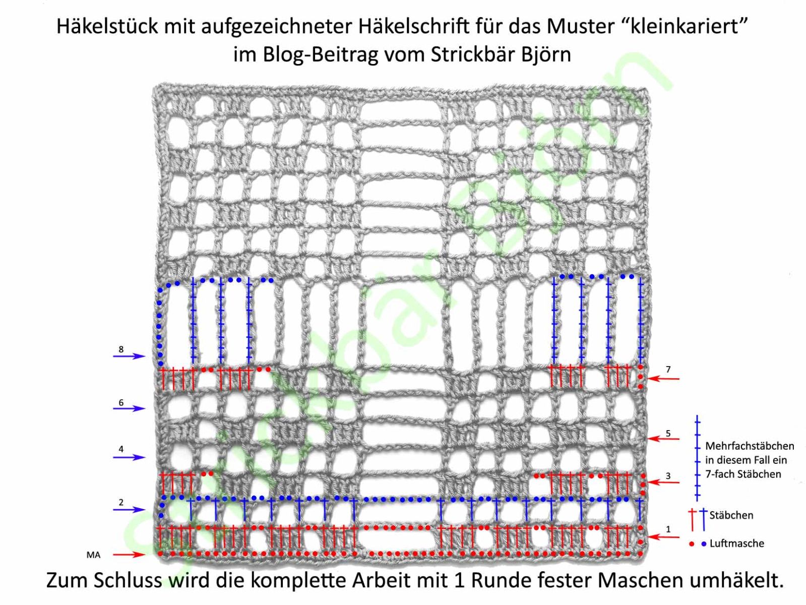 Die ersten Reihen des Häkelstücks wurden mit Häkelschrift überschrieben zur besseren Verdeutlichung der Textstellen für die einzelnen Reihen.