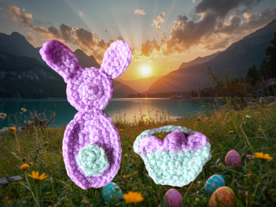 Blog-Inhaltsbild für 'Kostenlose Häkelanleitung für Osterhase und Körbchen aus Wollresten.'