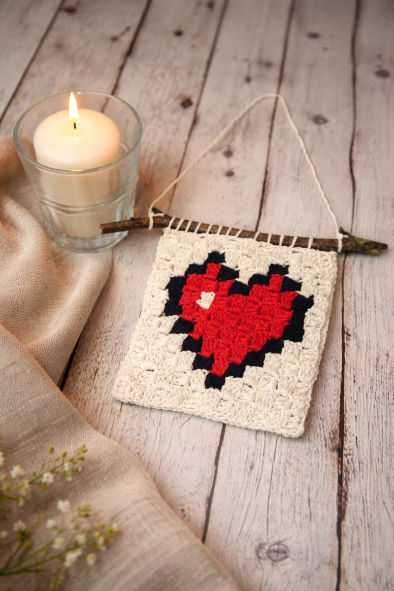 Blog content image for 'Free C2C Crochet Pattern: Heart Wall Hanger'