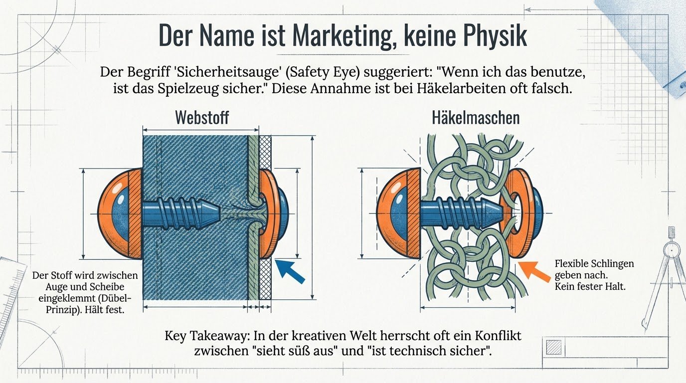 Schema: Sicherheitsaugen halten in Webstoff, rutschen aber durch flexible Häkelmaschen (Knopfloch-Effekt)
