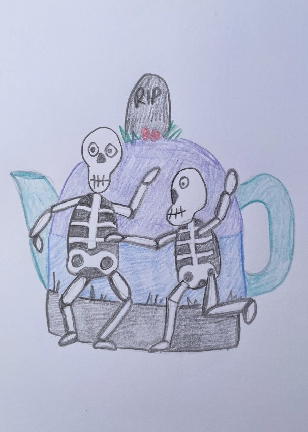 Skeleton Tea Dance Tea Cosy Design Sketch with 2 skeletons dancing in a graveyard