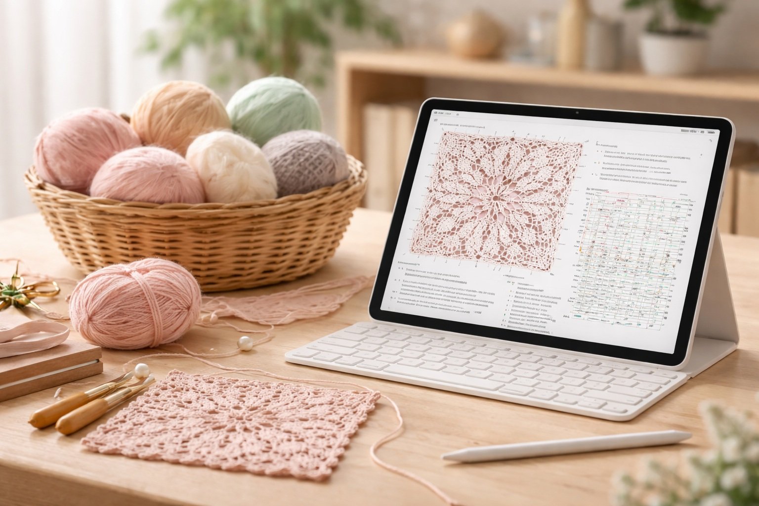 Modernes, helles Kreativstudio: Tablet mit Häkelmuster neben Korb mit pastellfarbener Alpakawolle auf aufgeräumtem Schreibtisch.
