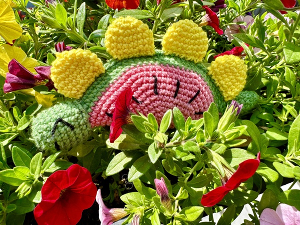 Häkelanleitung für den Melonendino, der quietschen, rasseln oder knistern kann