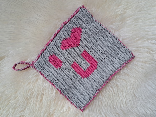 Valentinstag **I Love You** Topflappen in Double Face gestrickt