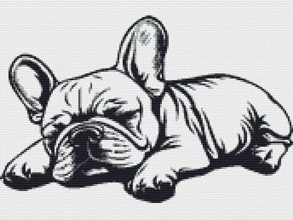 Hundefans aufgepasst!  Hier erhältst du eine kostenlose Kreuzstichvorlage einer schlafenden Französischen Bulldogge, auch liebevoll Frenchie genannt.