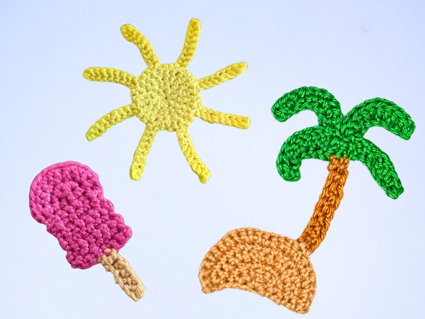 Sommerliche Häkelapplikationen – Insel mit Palme, Eis am Stiel & Sonne einfach selber häkeln