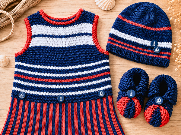 #GratisMaschen: Maritimes Babyset stricken – 3 kostenlose Anleitungen für Kleid, Mütze & Schühchen