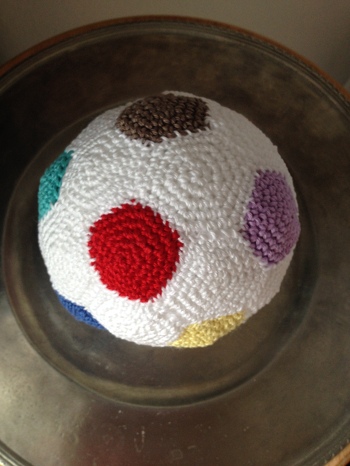 Danke für die tolle Anleitung. Ohne die geniale Zeichnung hätte ich das nicht hinbekommen.
Bunt sieht der Fußball auch schick aus, finde ich ... :-)