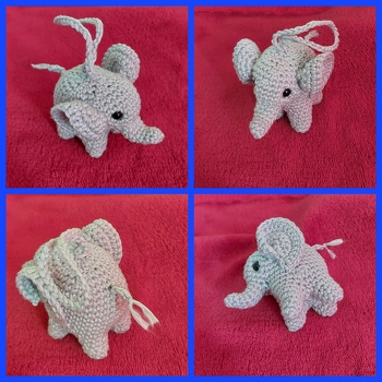 Nachdem ich die Beinzusammenbringmethode leicht geändert hatte, war mein Minielefant wunderschön. Durch das Hinzufügen von festen Maschen und das Zusammennähen der äußeren Maschenglieder zum Bauch war alles effektiv verschlossen.