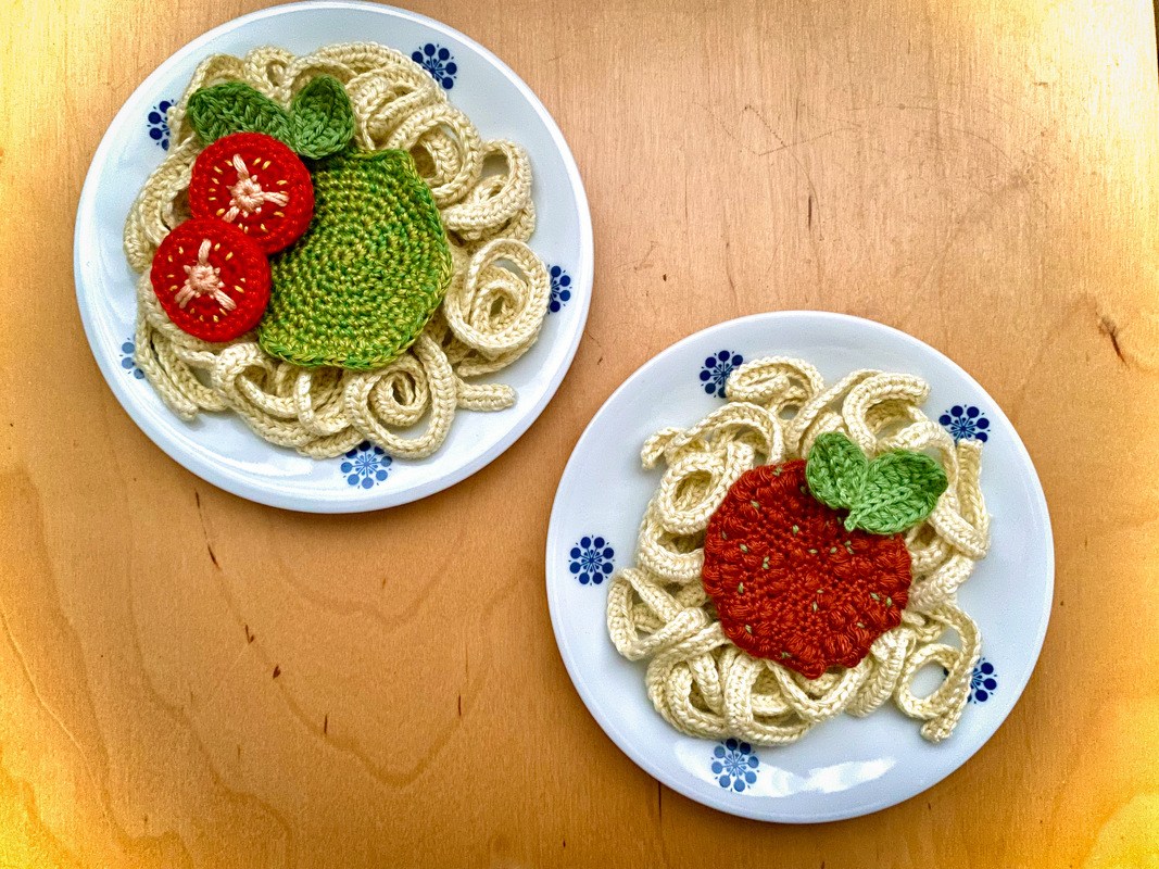 Häkelanleitung &quot;Menü - Nudeln mit Hackfleischsosse oder Pesto&quot;