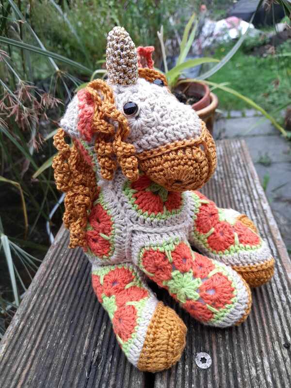 Unicorn crocheted with African Flowers crochet pattern PDF DYN