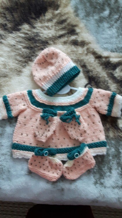 Watermelon Baby Dress/Jacket, Booties, Bonnet and Mittens set
