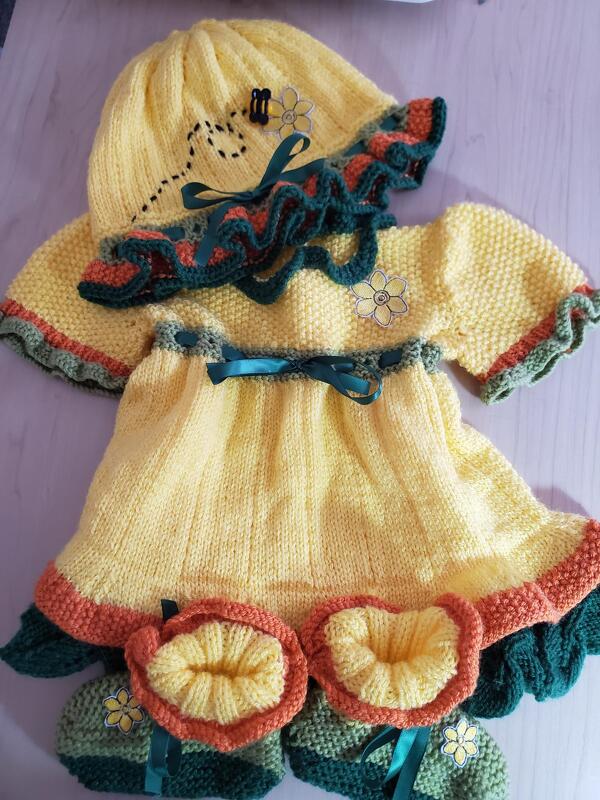 Daffodil Baby Dress, Booties and Bonnet Hat